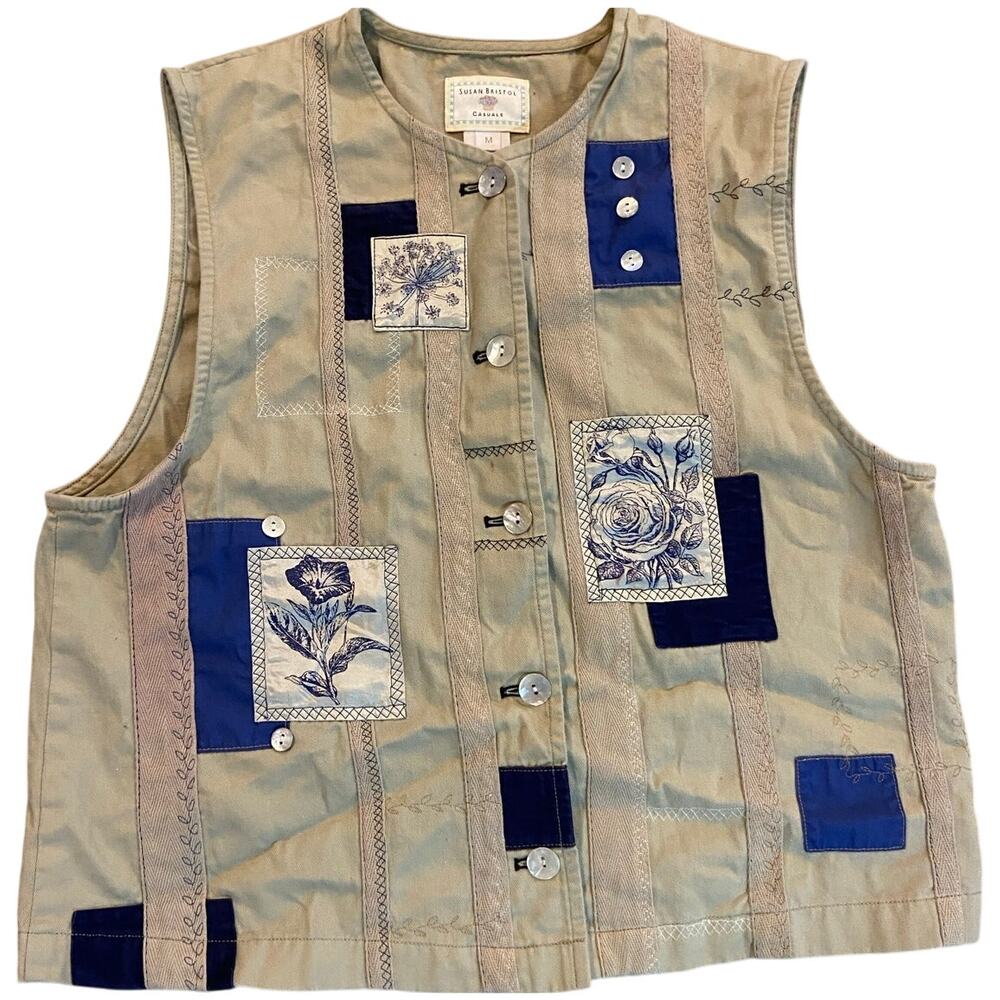 VTG Susan Bristol Casuals Sleeveless Button Up Vest Floral Embroidery Size M